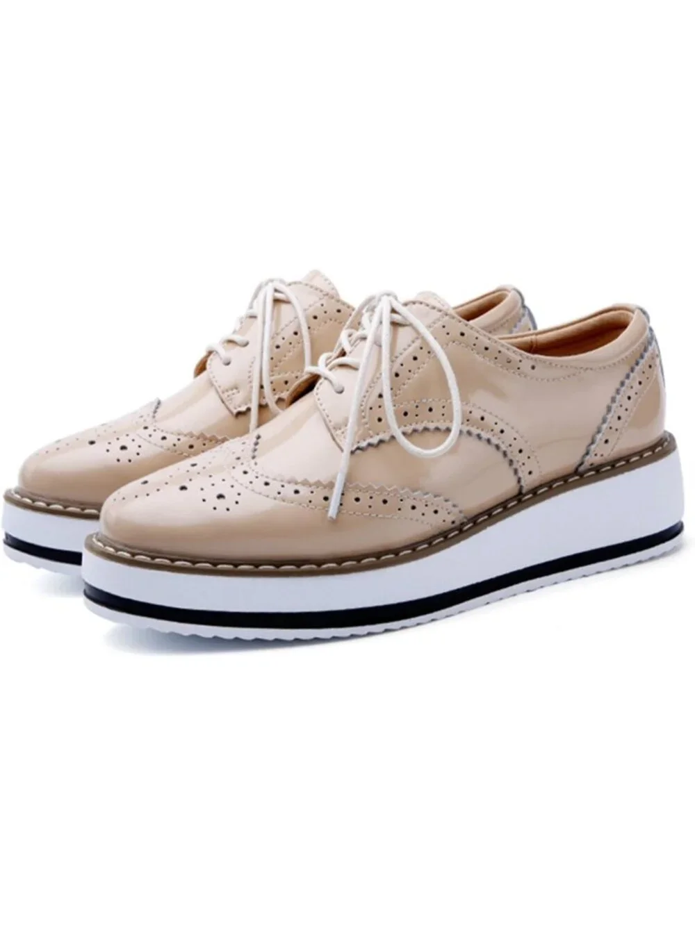 Women's Apricot Round Toe Lace Up Leather Oxford Shoes Wingtip White Platform